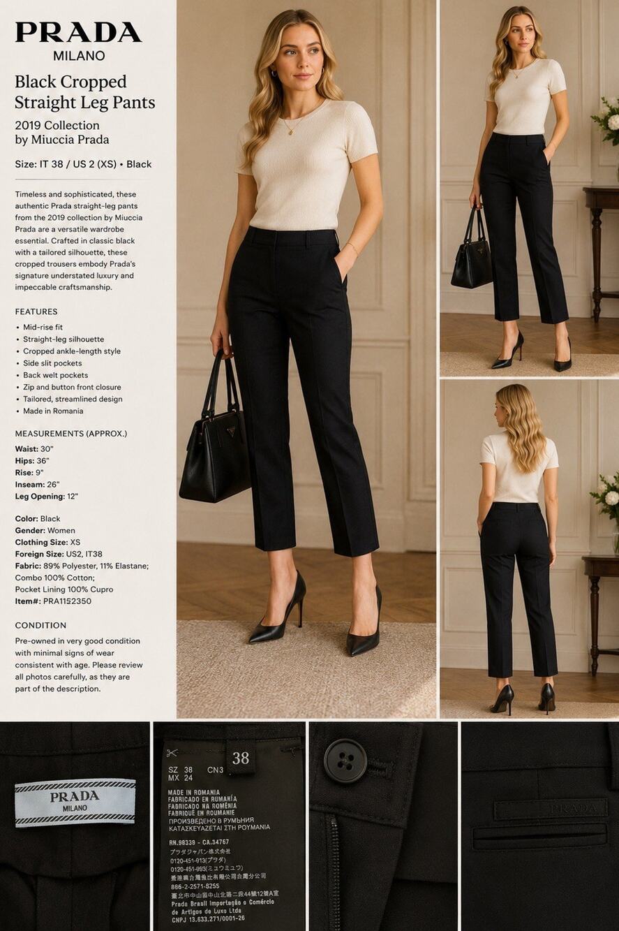 Prada 2019 Black Cropped Straight Leg Pants | Mid-Rise | Size M